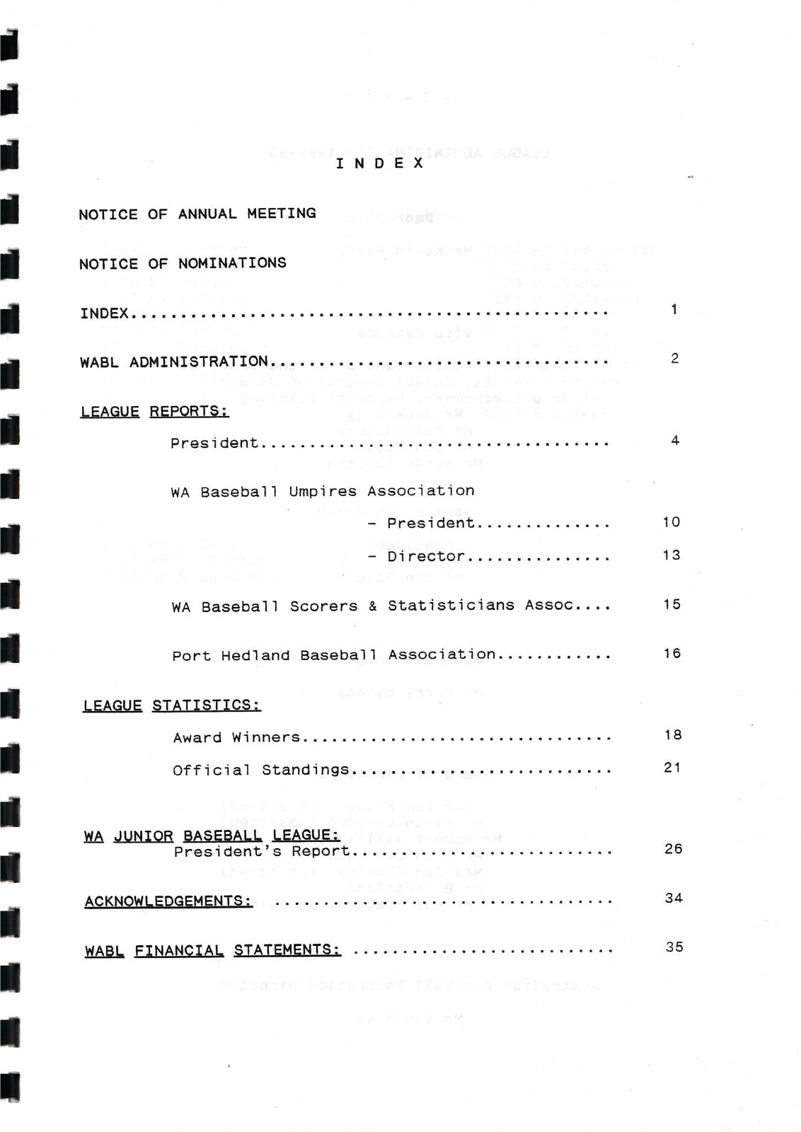 West Australian Baseball League 55th Annual Report 1989-90 index page