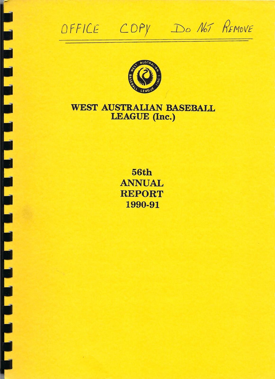West Australian Baseball League 56th Annual Report 1990-91 cover page