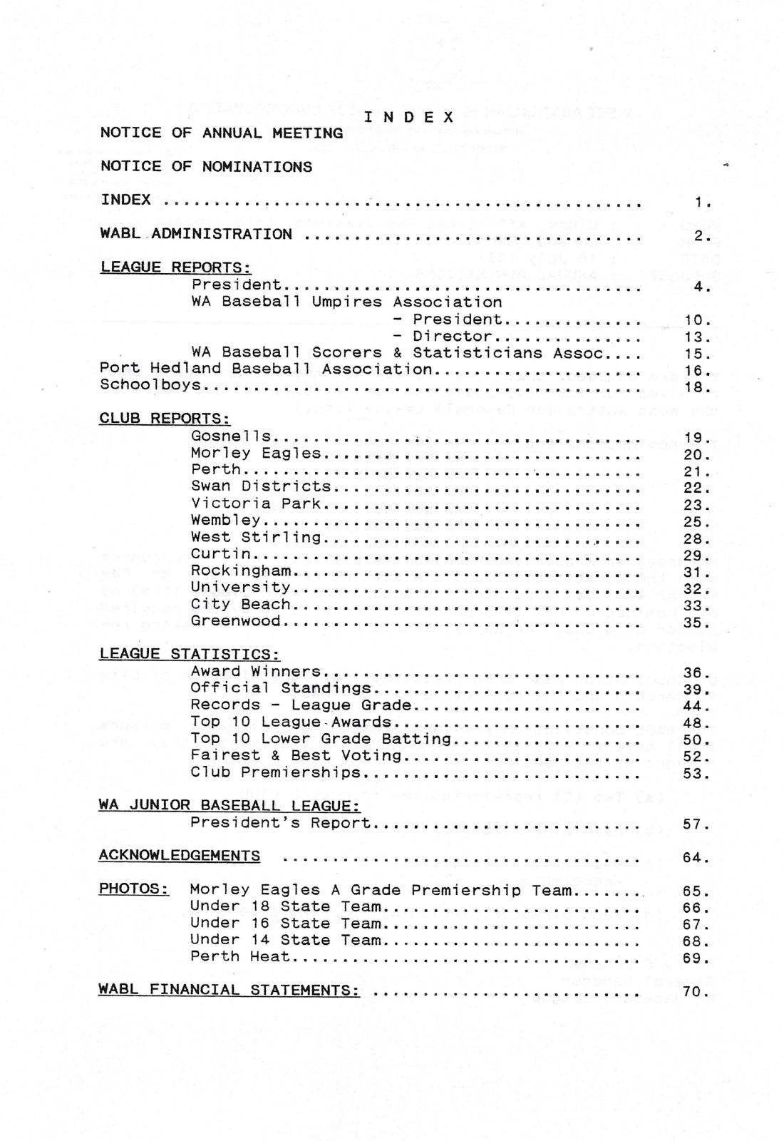 West Australian Baseball League 56th Annual Report 1990-91 index page