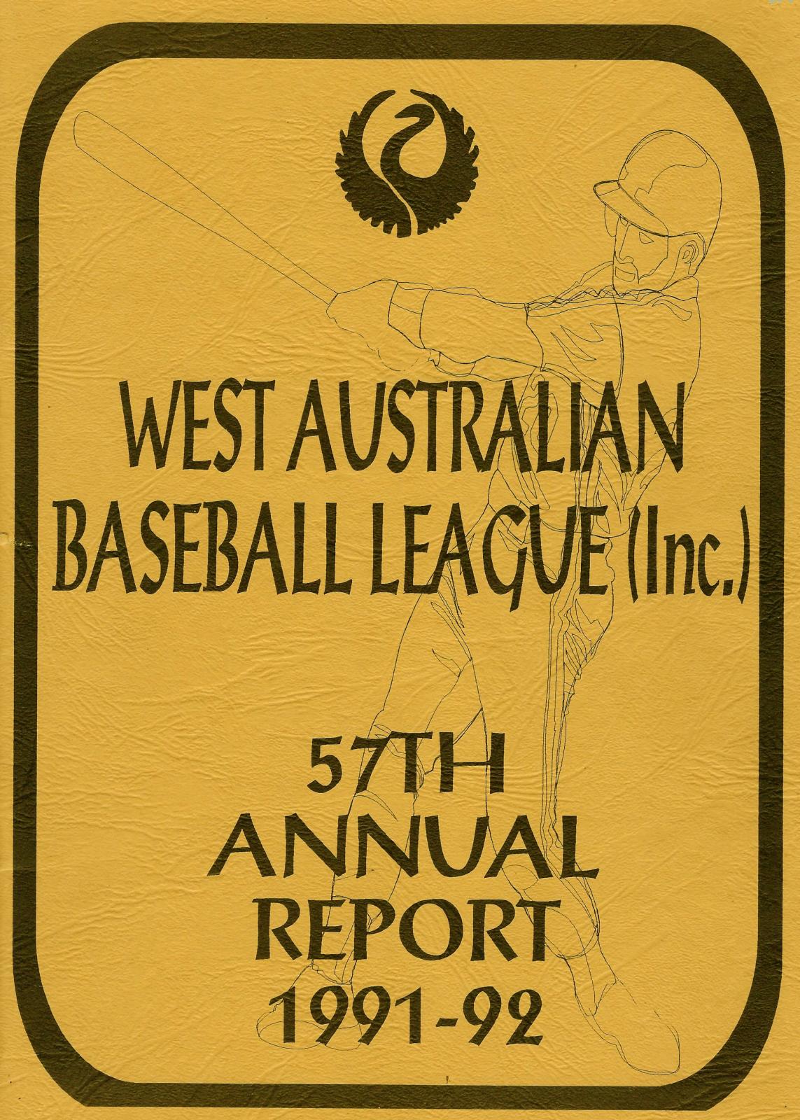 West Australian Baseball League 57th Annual Report 1991-92 cover page