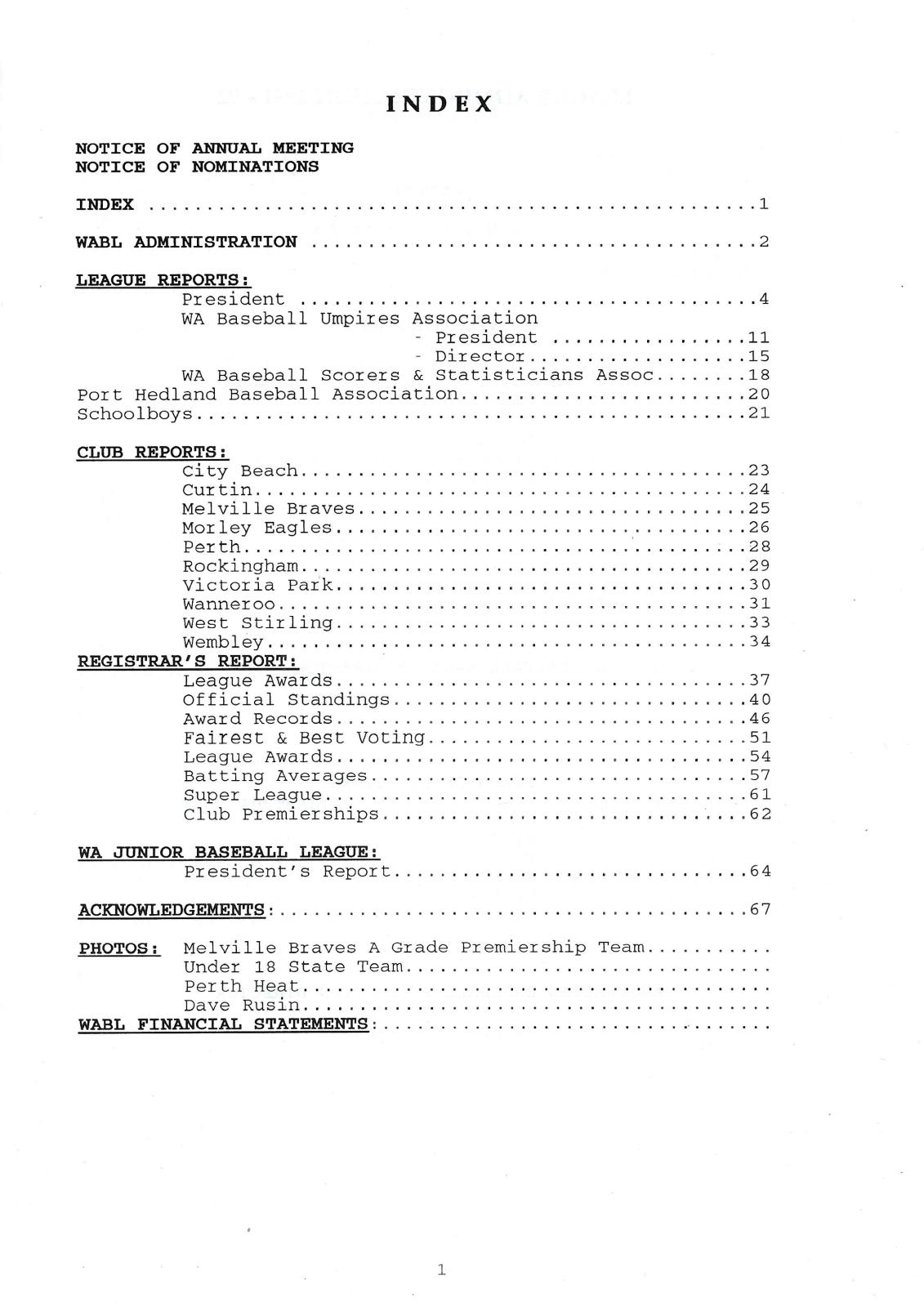 West Australian Baseball League 57th Annual Report 1991-92 index page