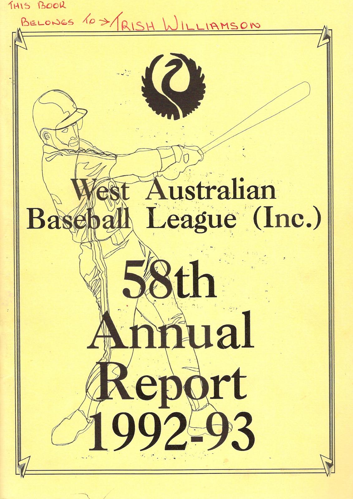 West Australian Baseball League 58th Annual Report 1992-93 cover page