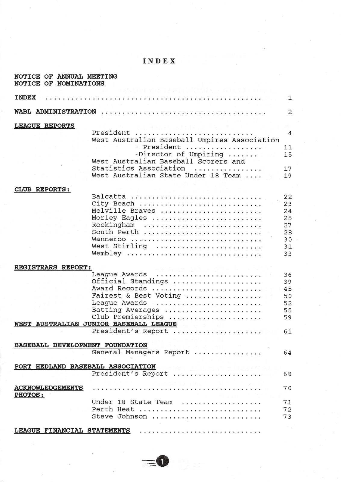 West Australian Baseball League 58th Annual Report 1992-93 index page