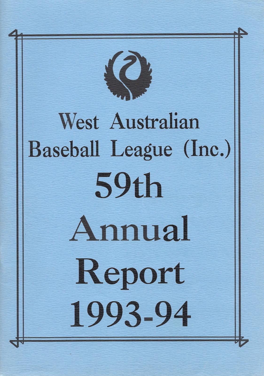 West Australian Baseball League 59th Annual Report 1993-94 cover page