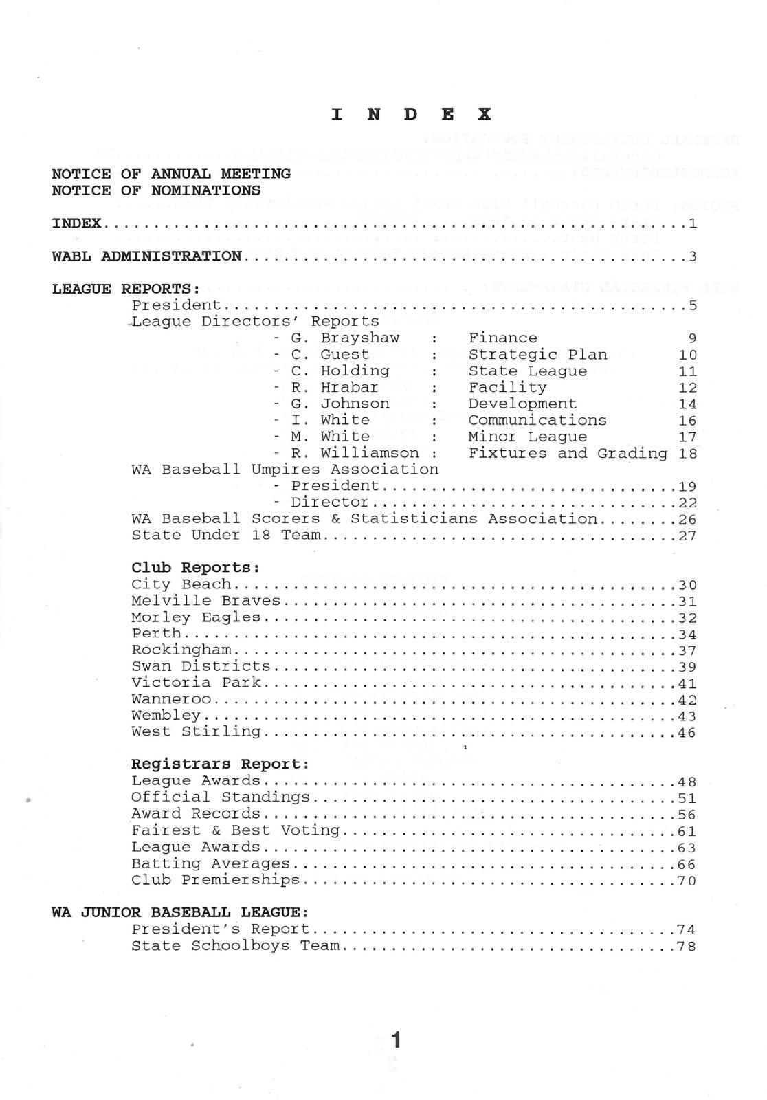 West Australian Baseball League 59th Annual Report 1993-94 index page 1