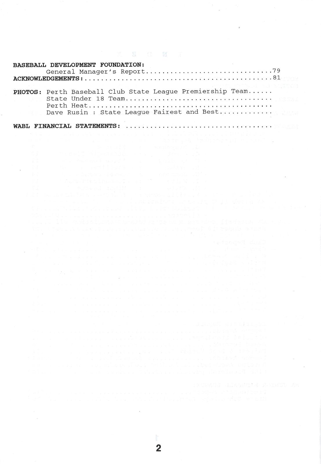 West Australian Baseball League 59th Annual Report 1993-94 index page 2