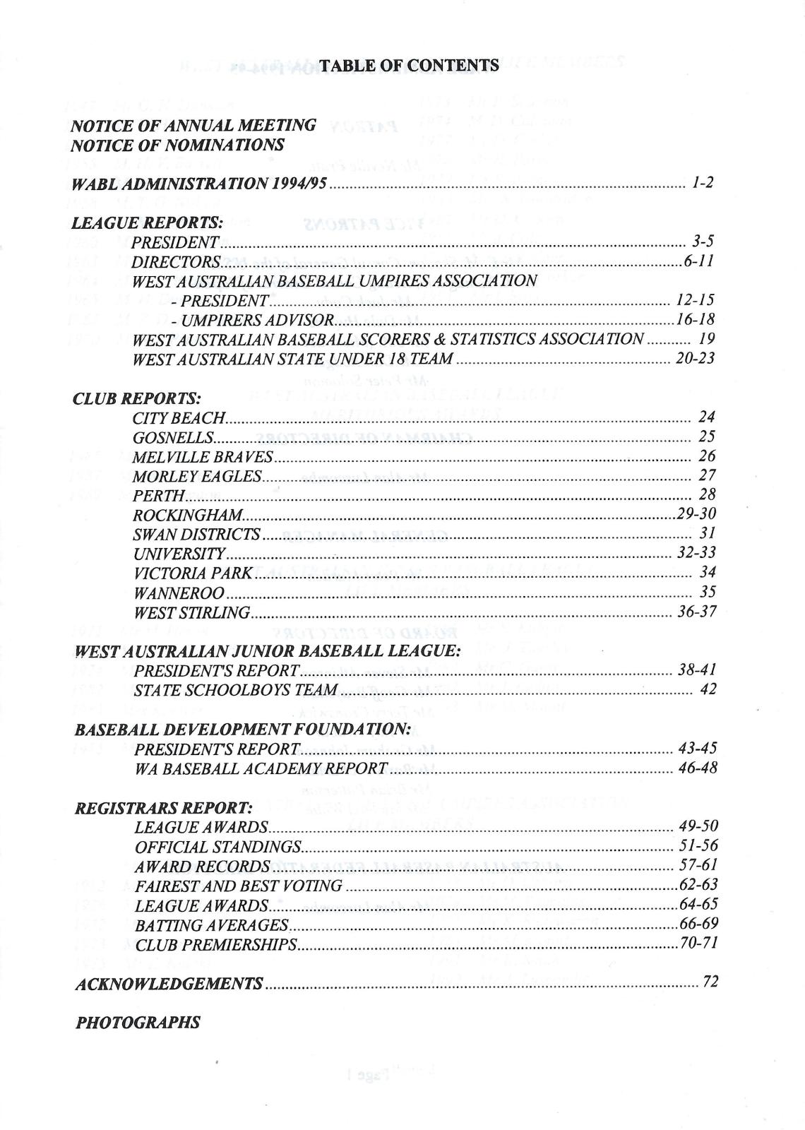 West Australian Baseball League 60th Annual Report 1994-95 index page