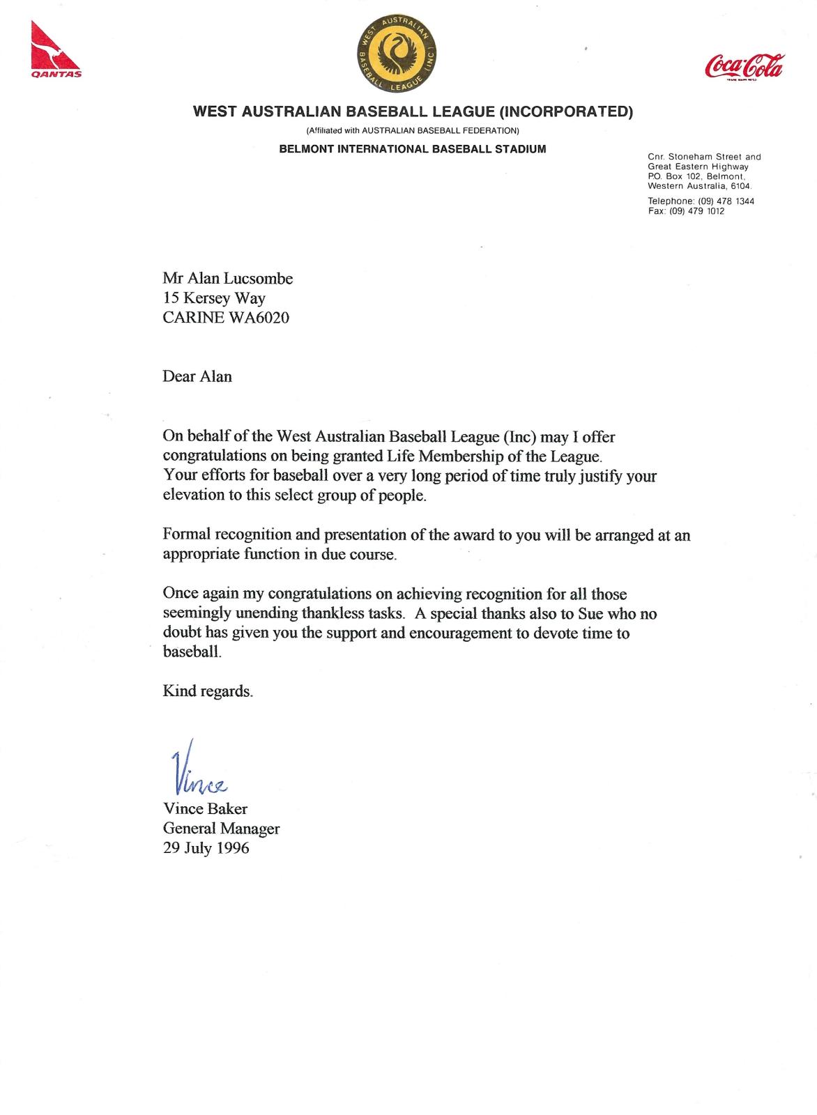 West Australian Baseball League 61st Annual Report 1995-96 enclosed letter