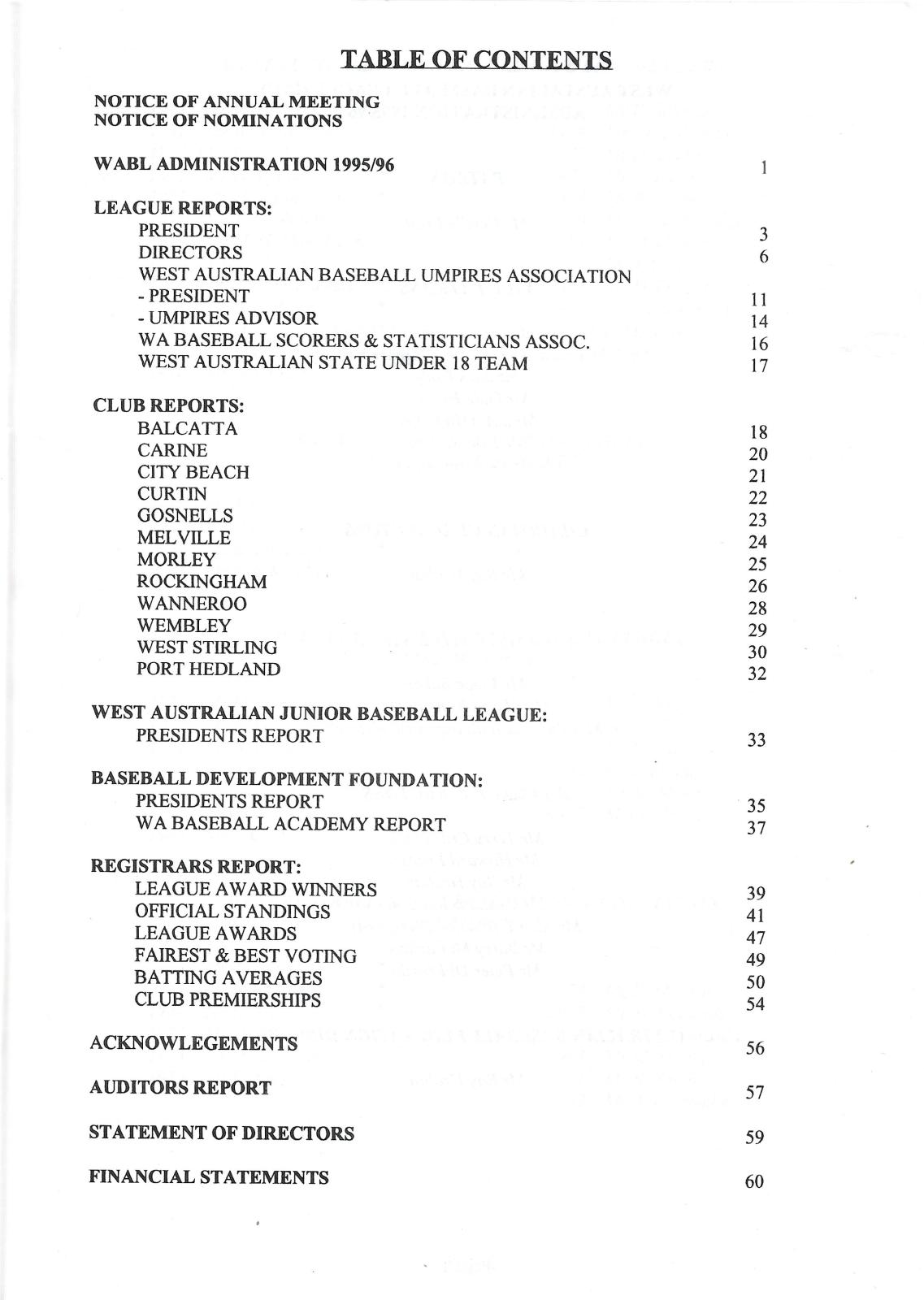 West Australian Baseball League 61st Annual Report 1995-96 index page
