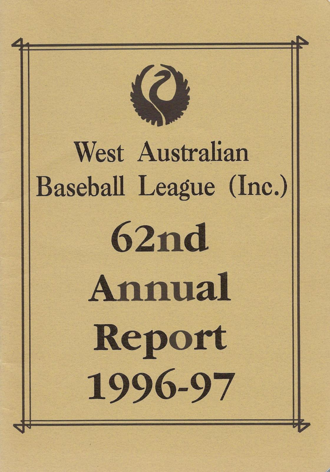 West Australian Baseball League 62nd Annual Report 1996-97 cover page