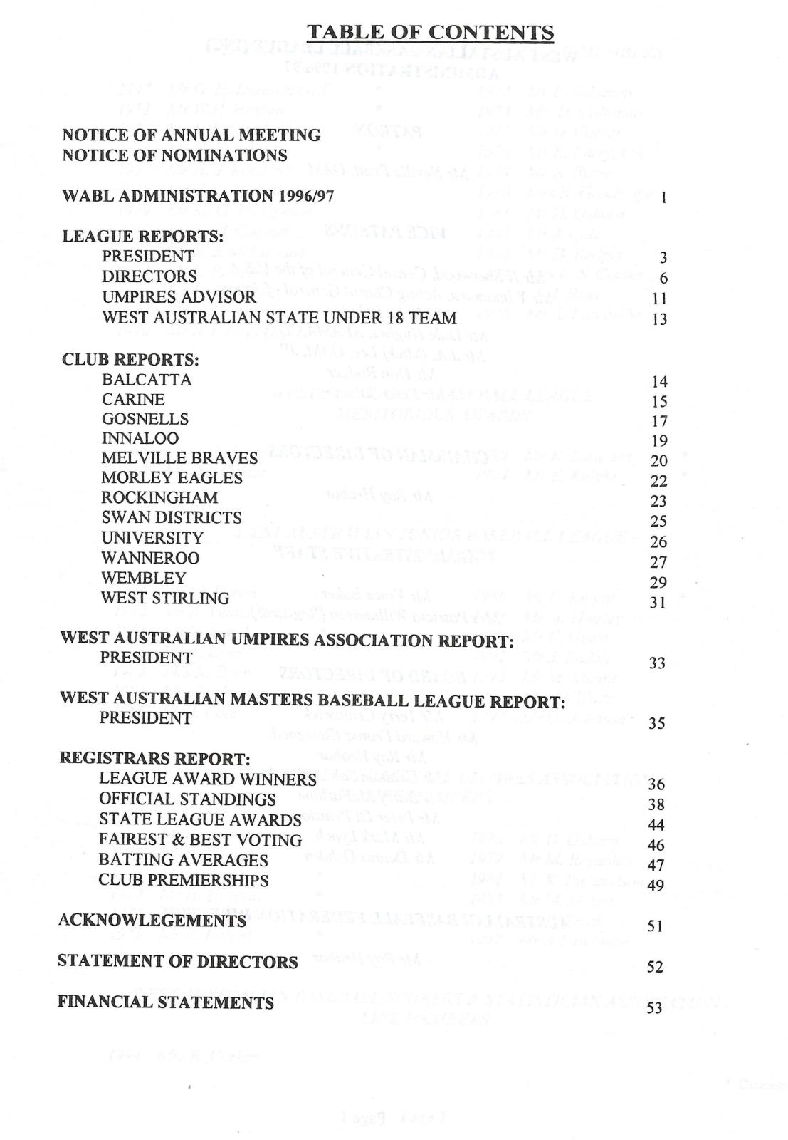 West Australian Baseball League 62nd Annual Report 1996-97 index page