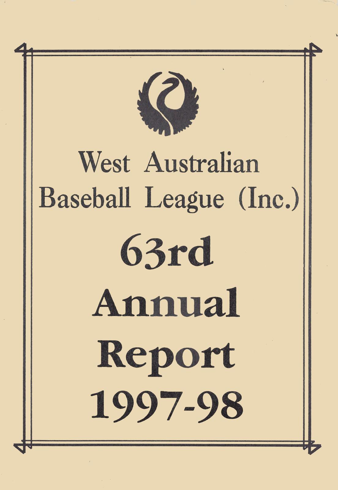 West Australian Baseball League 63rd Annual Report 1997-98 cover page.