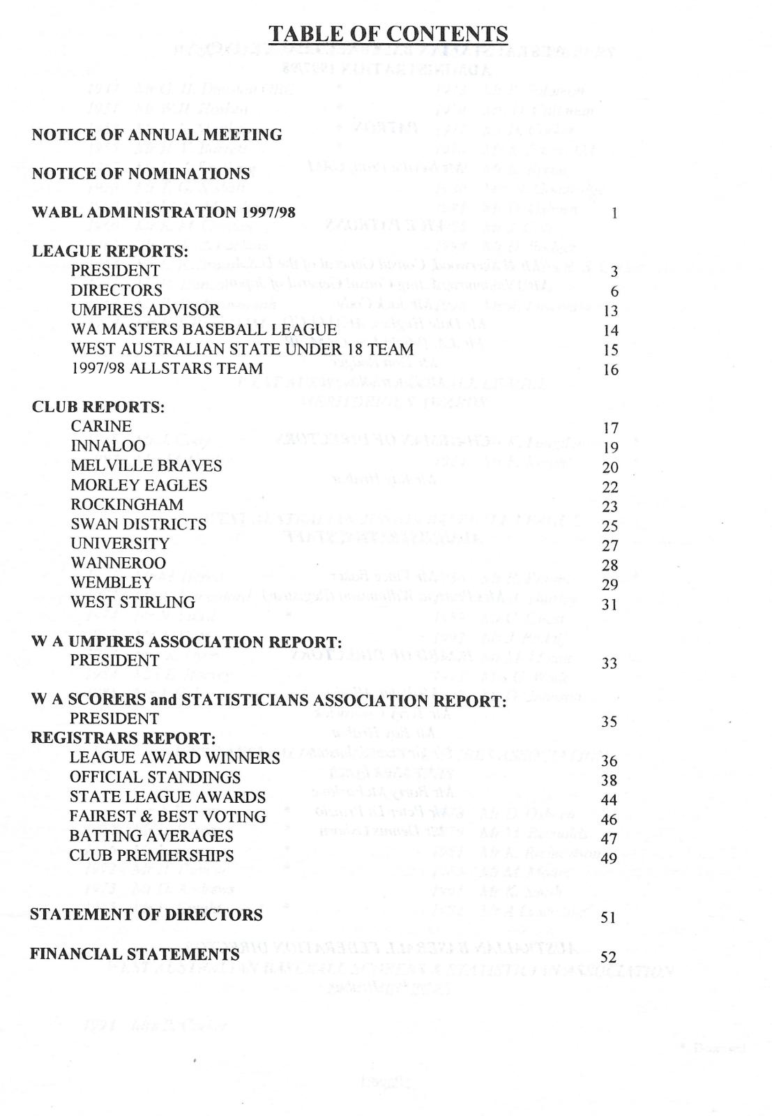 West Australian Baseball League 63rd Annual Report 1997-98 index page