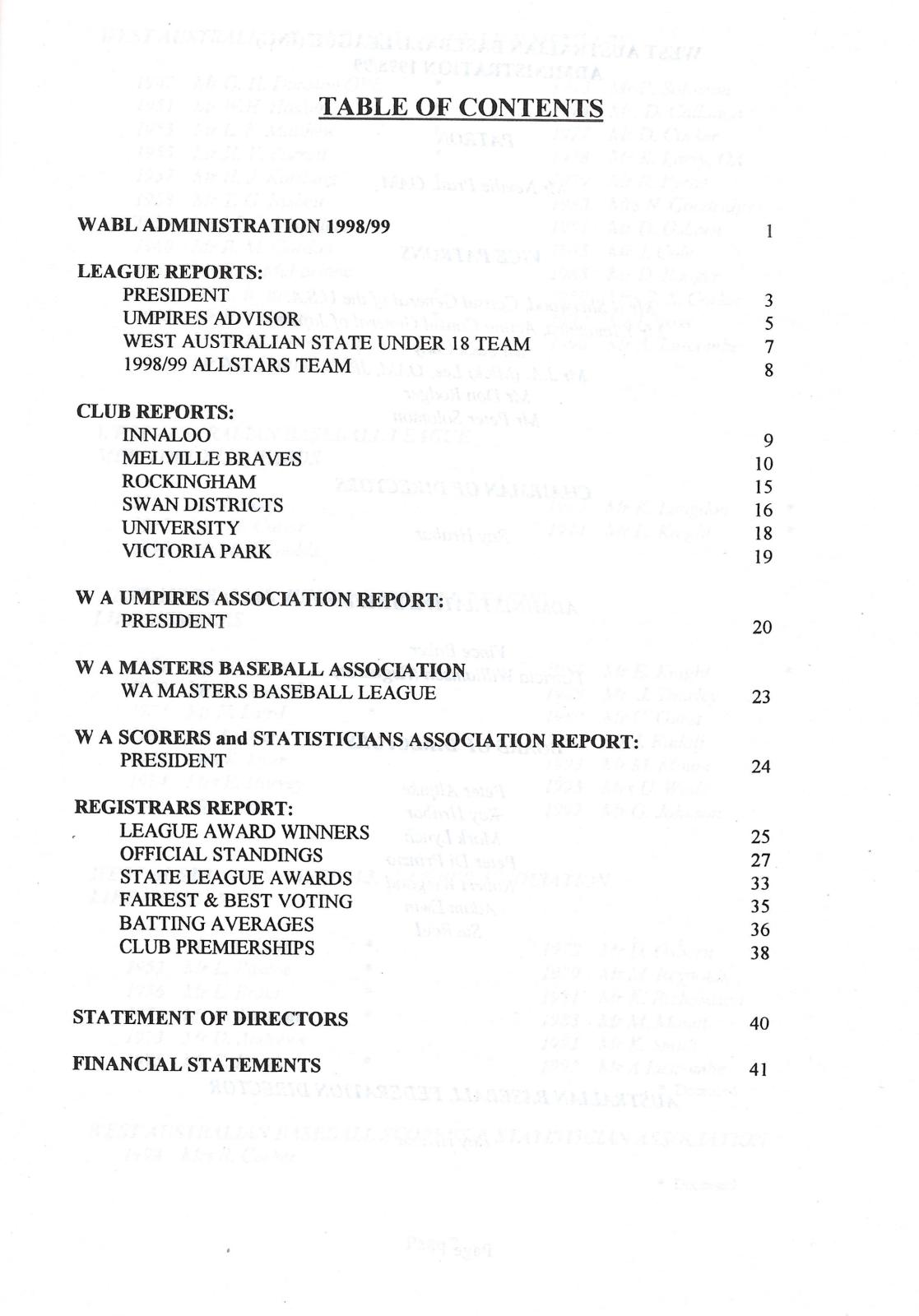 West Australian Baseball League 64th Annual Report 1998-99 index page