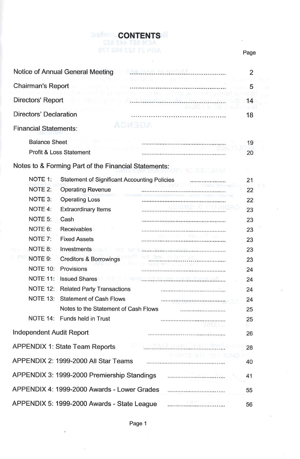 Baseball WA Ltd Annual Report 1999-2000 contents page