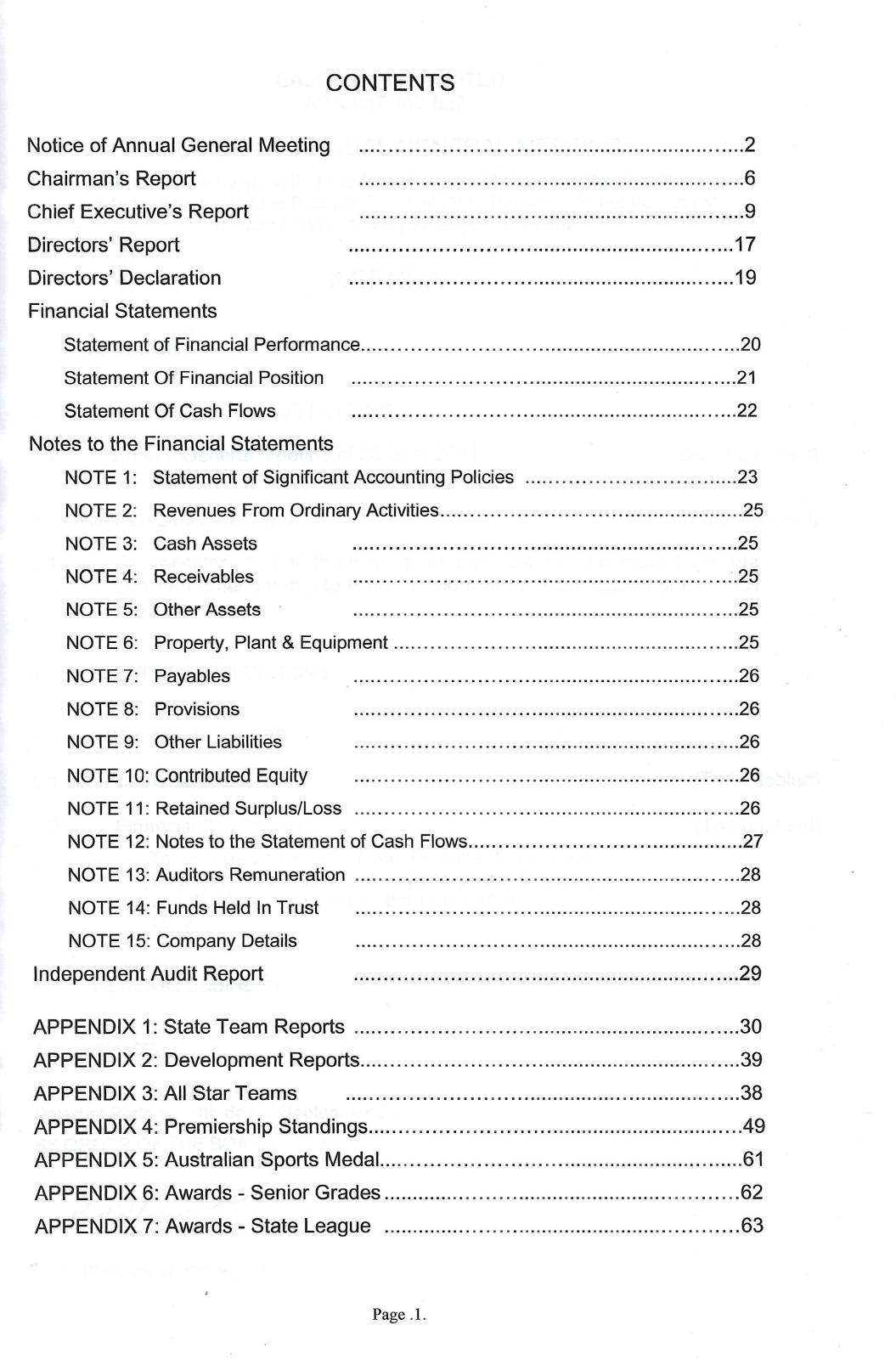 Baseball WA Ltd Annual Report 2001-2002 contents page