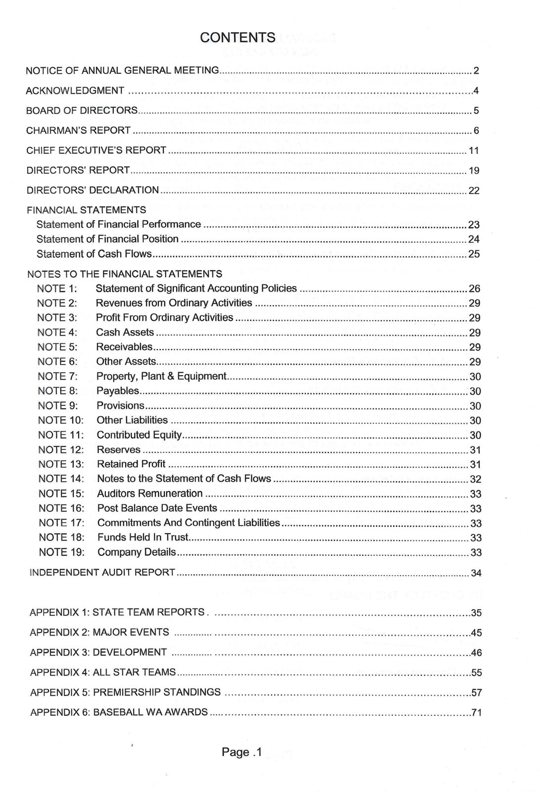 Baseball WA Ltd Annual Report 2002-2003 contents page