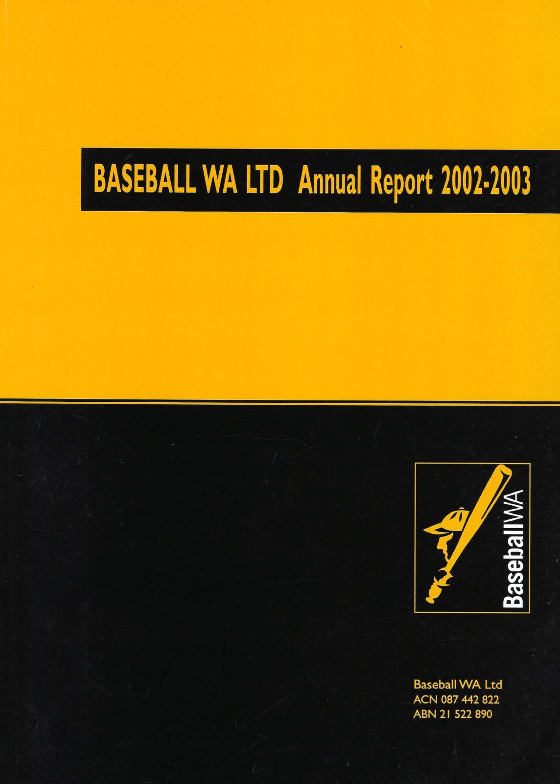 Baseball WA Ltd Annual Report 2002-2003 cover page