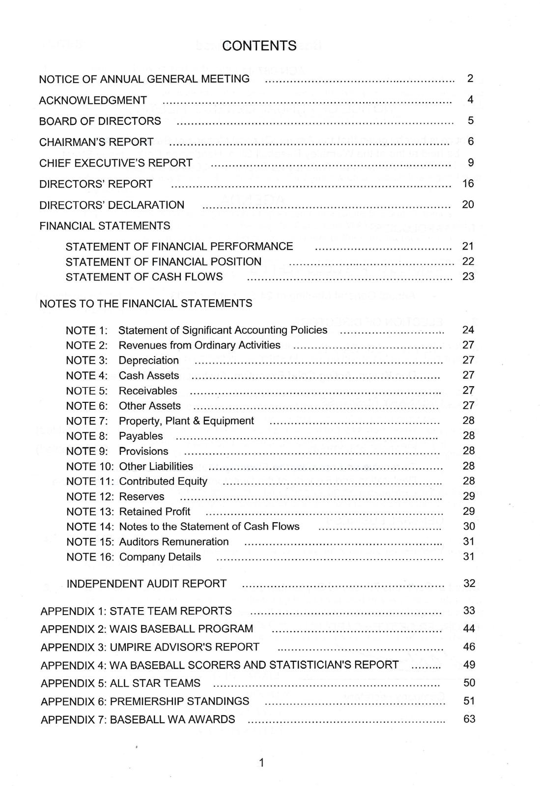 Baseball WA Ltd Annual Report 2003-2004 contents page