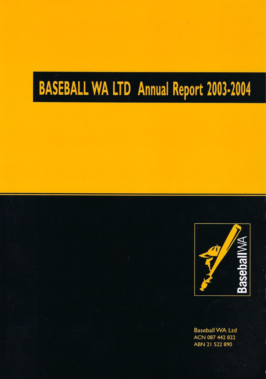 Baseball WA Ltd Annual Report 2003-2004 cover page.