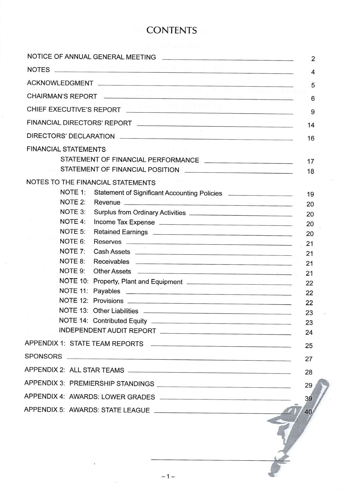 Baseball WA Ltd Annual Report 2004-2005 contents page