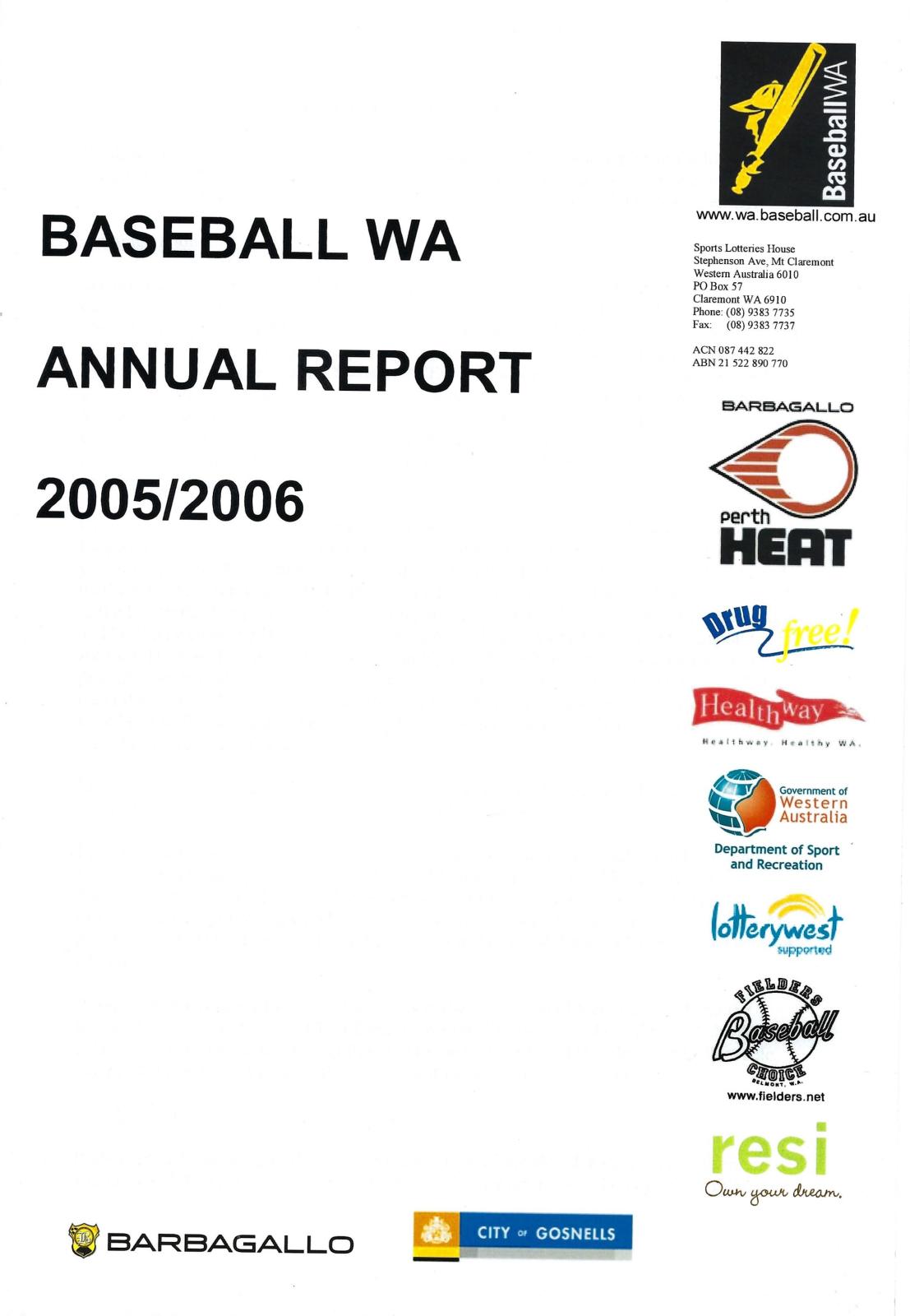 Baseball WA Ltd Annual Report 2005/2006 cover page