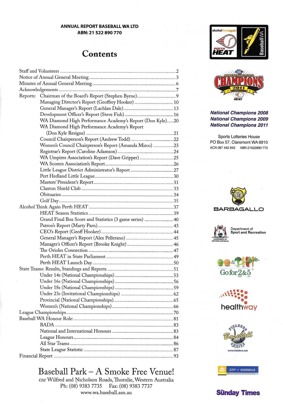 Baseball WA Ltd Annual Report 2010-2011 contents page