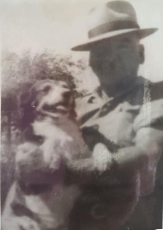 P25-06. Lew Whiteman and his dog Bonney, 1970s. Lew Whiteman was a dog lover and had three dogs at one stage which lived with his partner Shylie Walker at her house in Midland. 