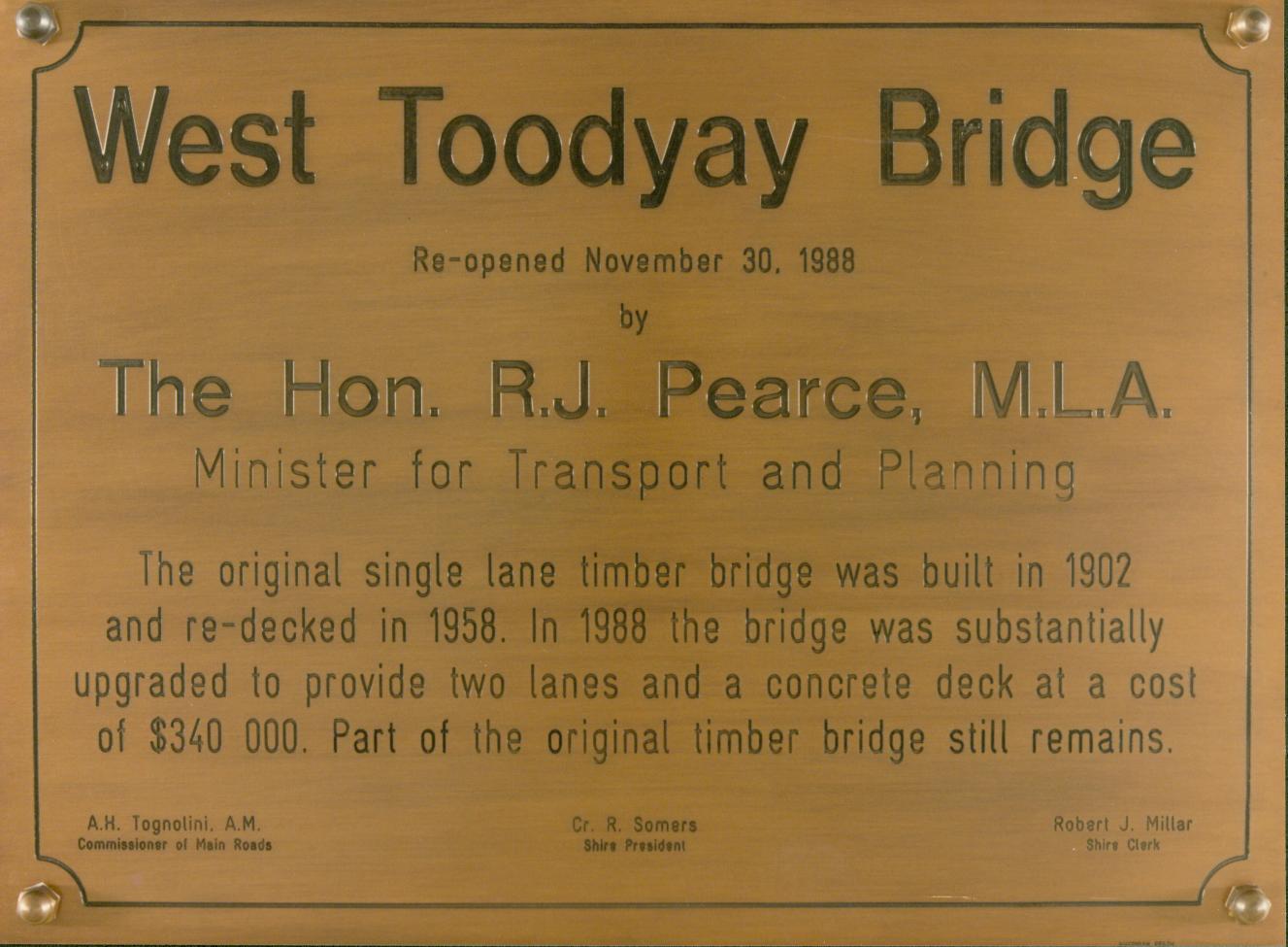 West Toodyay bridge re-opening 1988, plaque