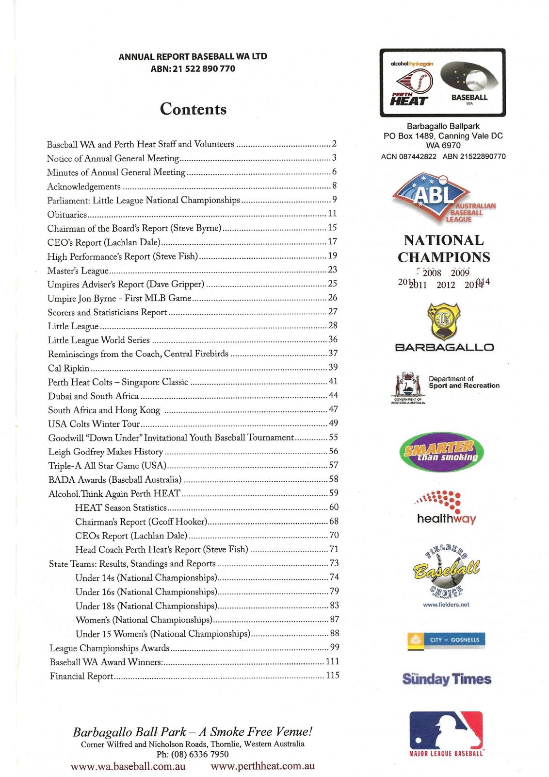 Baseball WA Ltd Annual Report 2013-2014 contents page