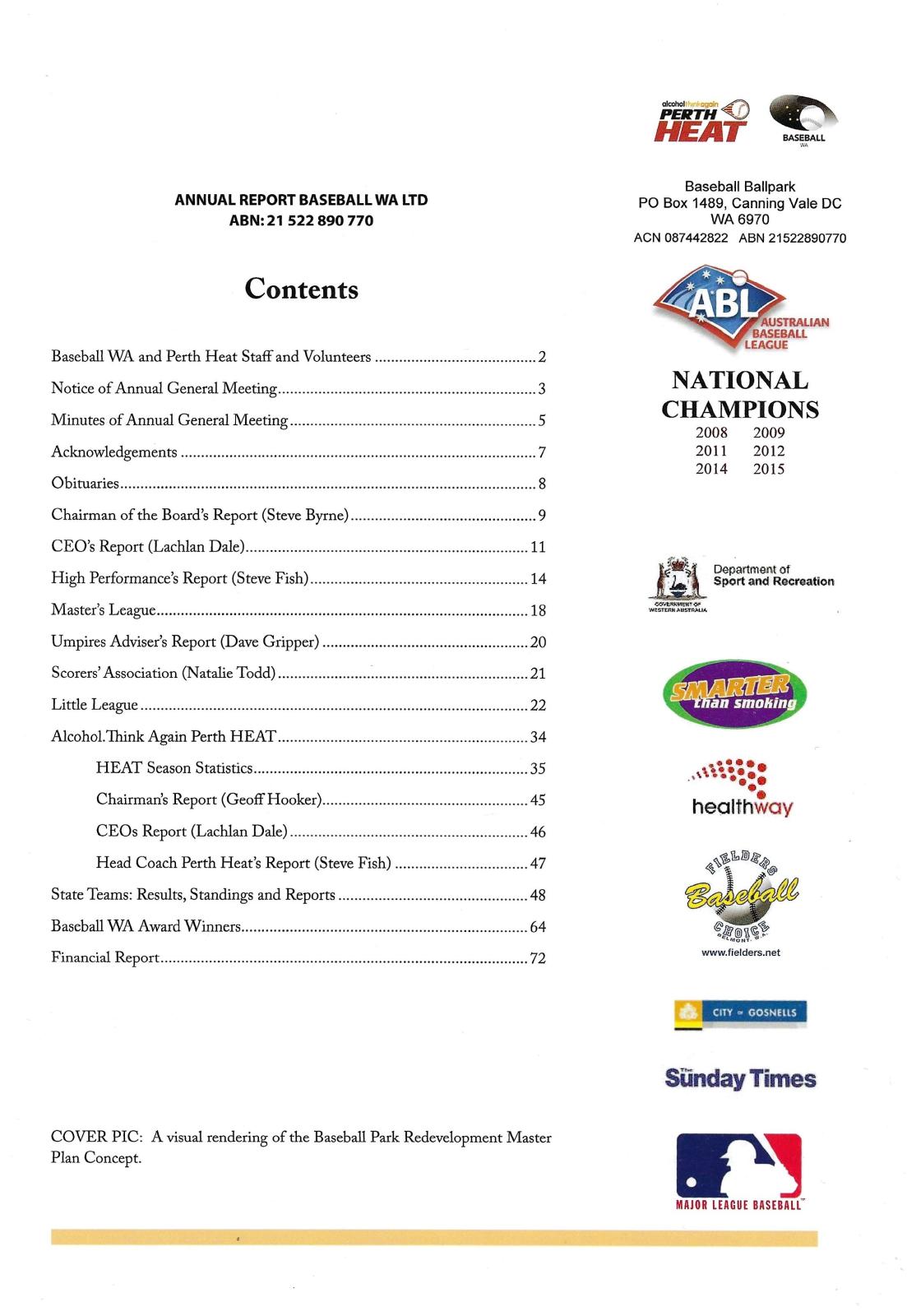 Baseball WA Ltd Annual Report 2014-2015 contents page