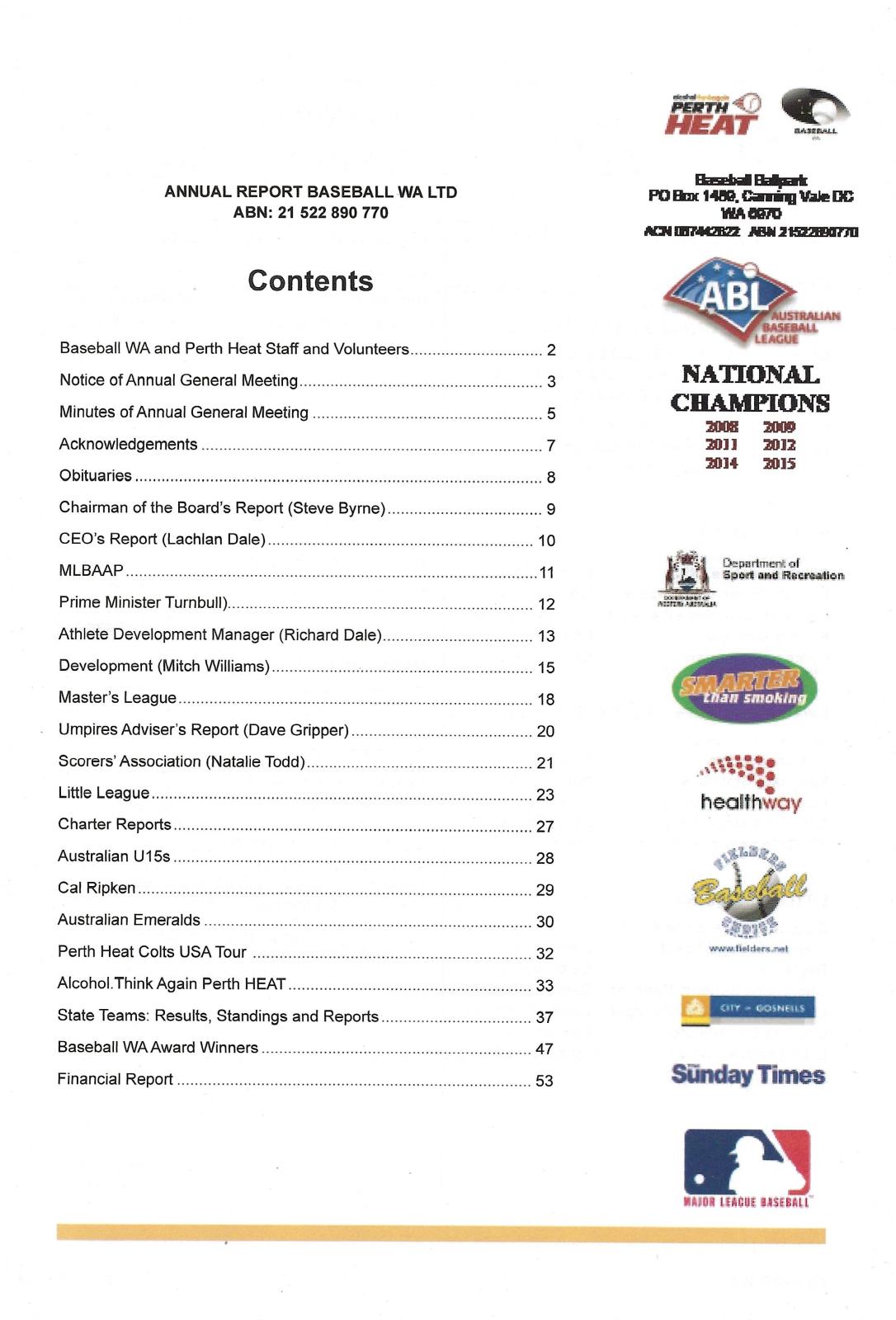 Baseball WA Ltd Annual Report 2015-2016 contents page