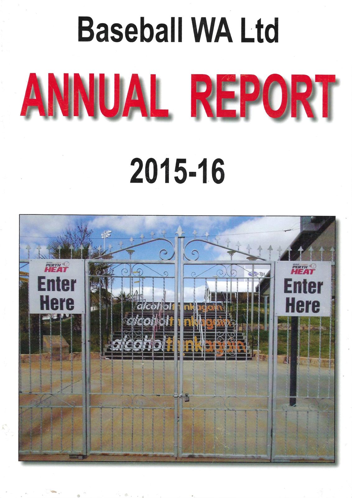 Baseball WA Ltd Annual Report 2015-2016 cover page