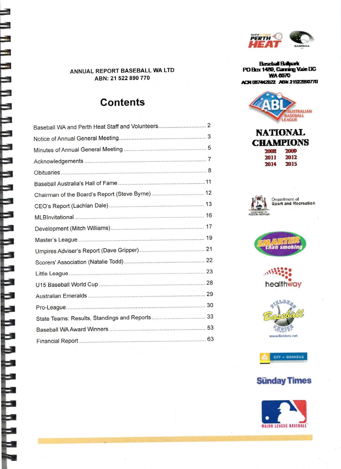 Baseball WA Ltd Annual Report 2017-2018 contents page