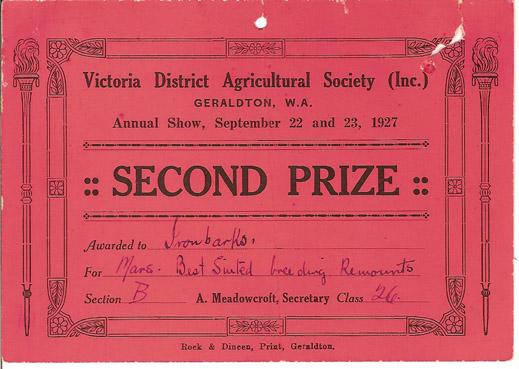 Victoria District Agricultural Society Second prize certificate