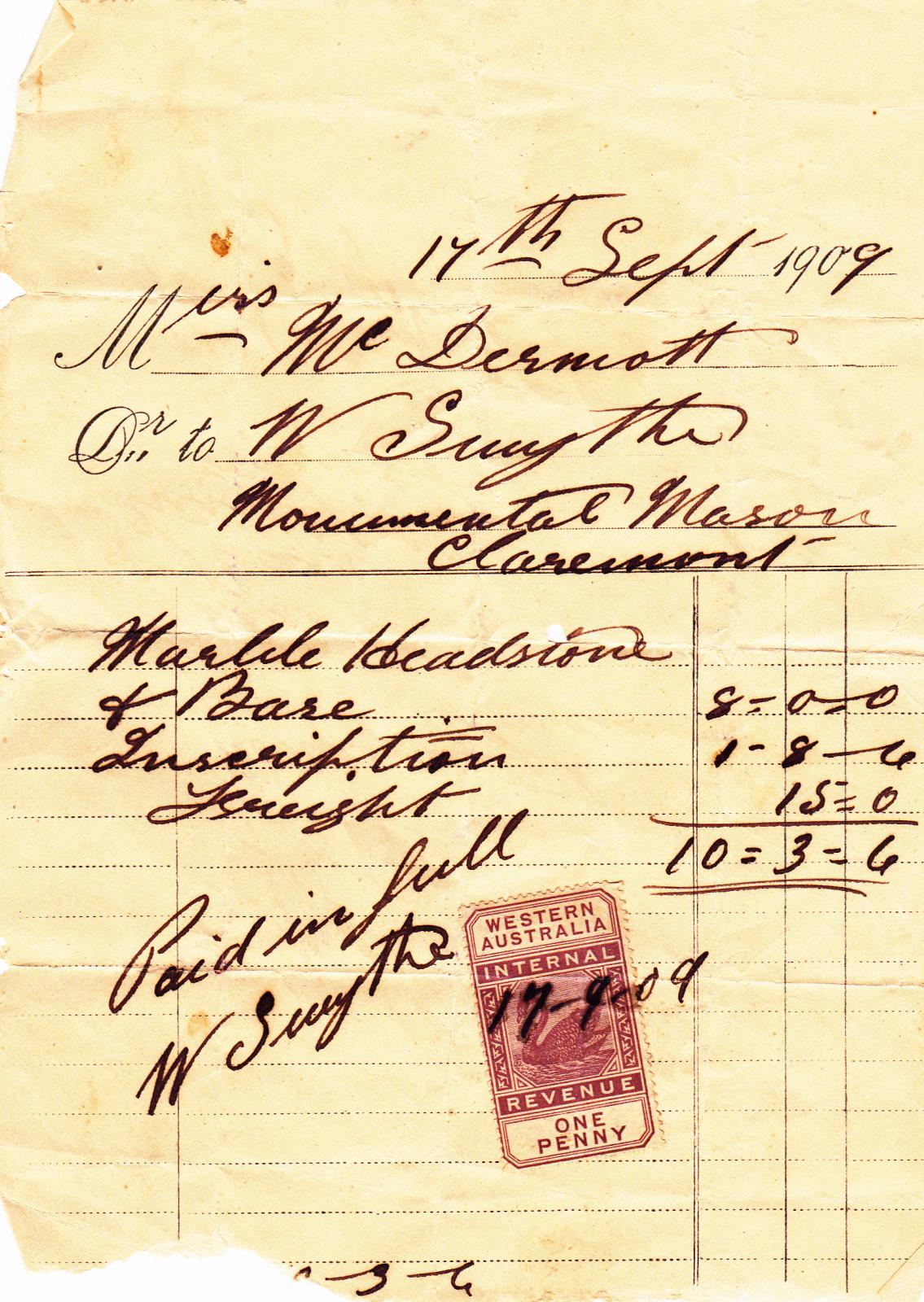 McDermott headstone receipt