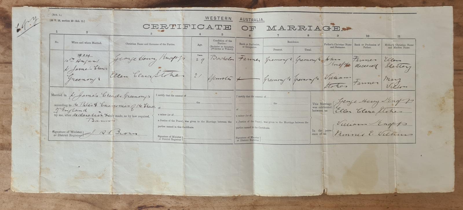 Marriage Certificate of Ellen Stokes and George Knapp