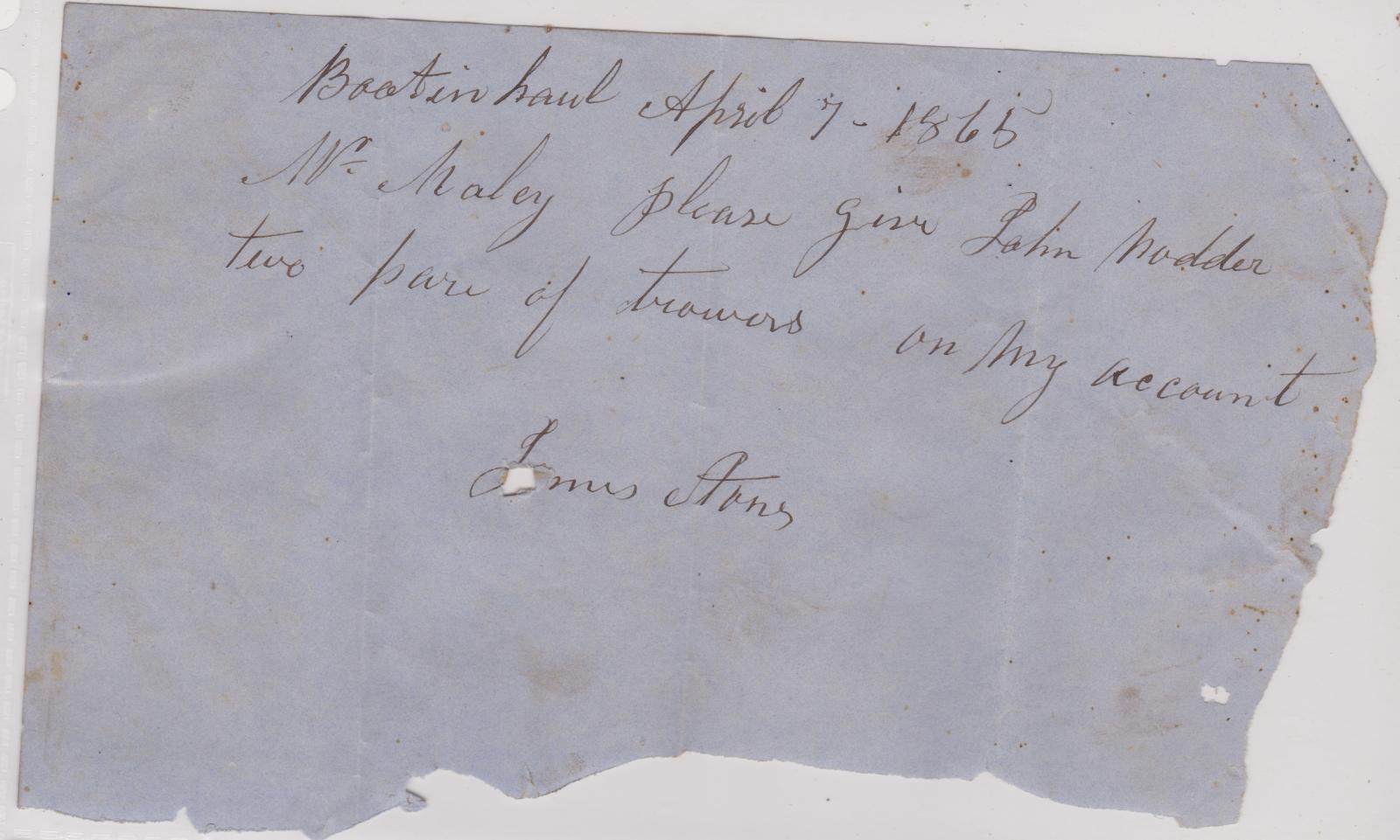 Letter requesting trousers for Nodder