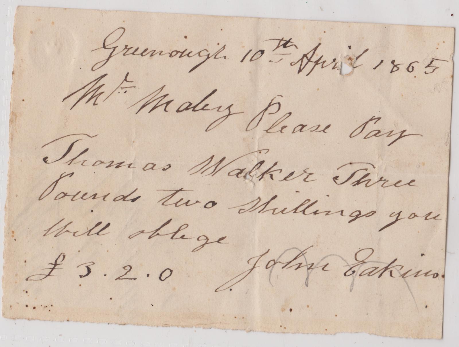 Promissory note from John Eakins