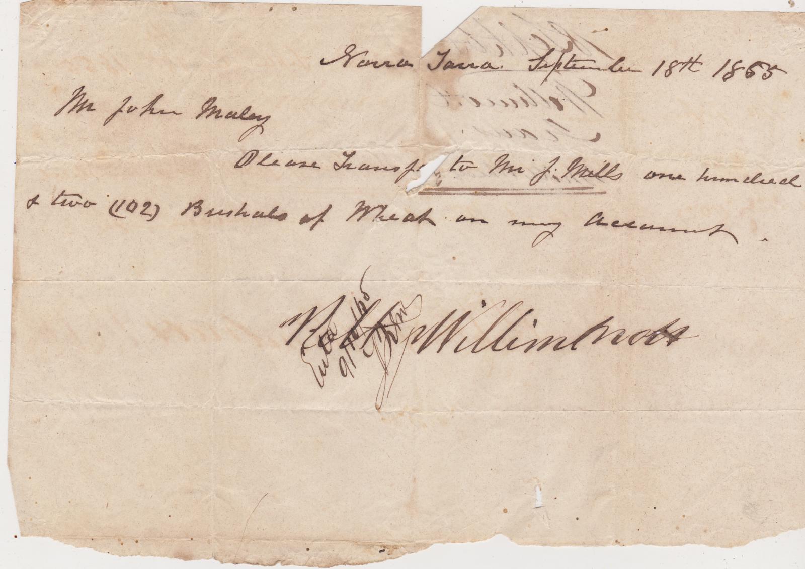 Transfer of wheat note from R. Willimott