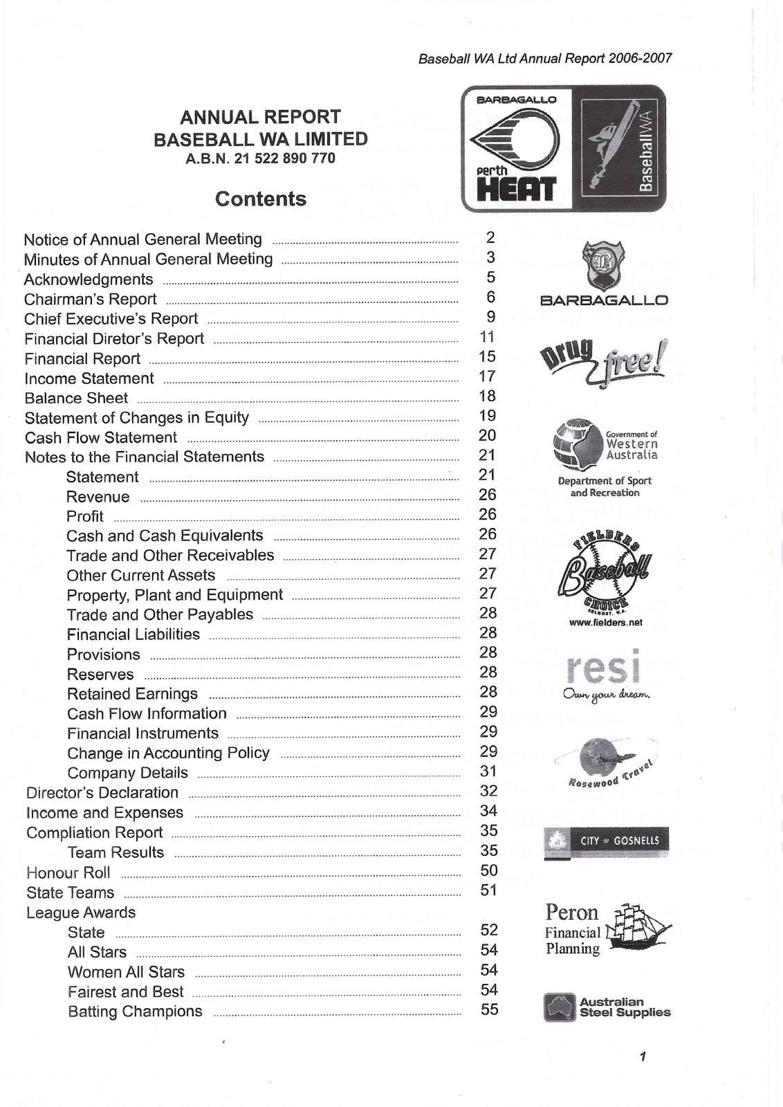 Baseball WA Ltd Annual Report 2006-2007 contents page