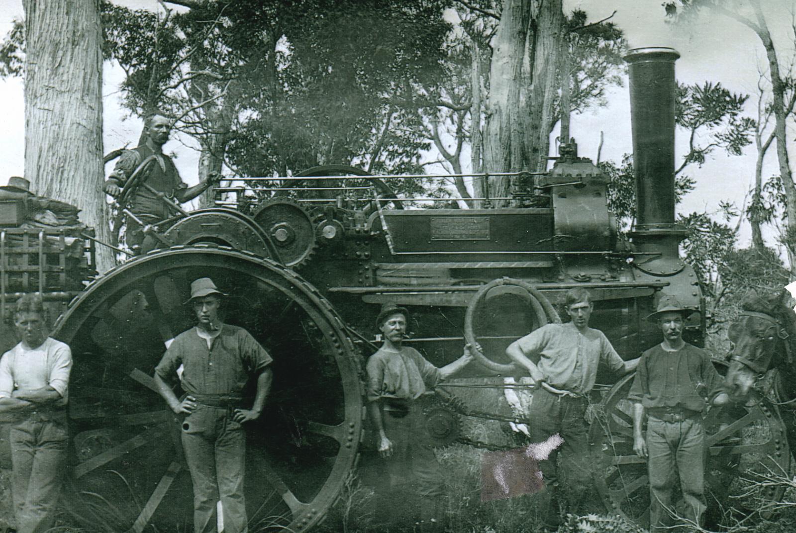 Mobile steam engine used for tree pulling at Ludlow 1912-1914
