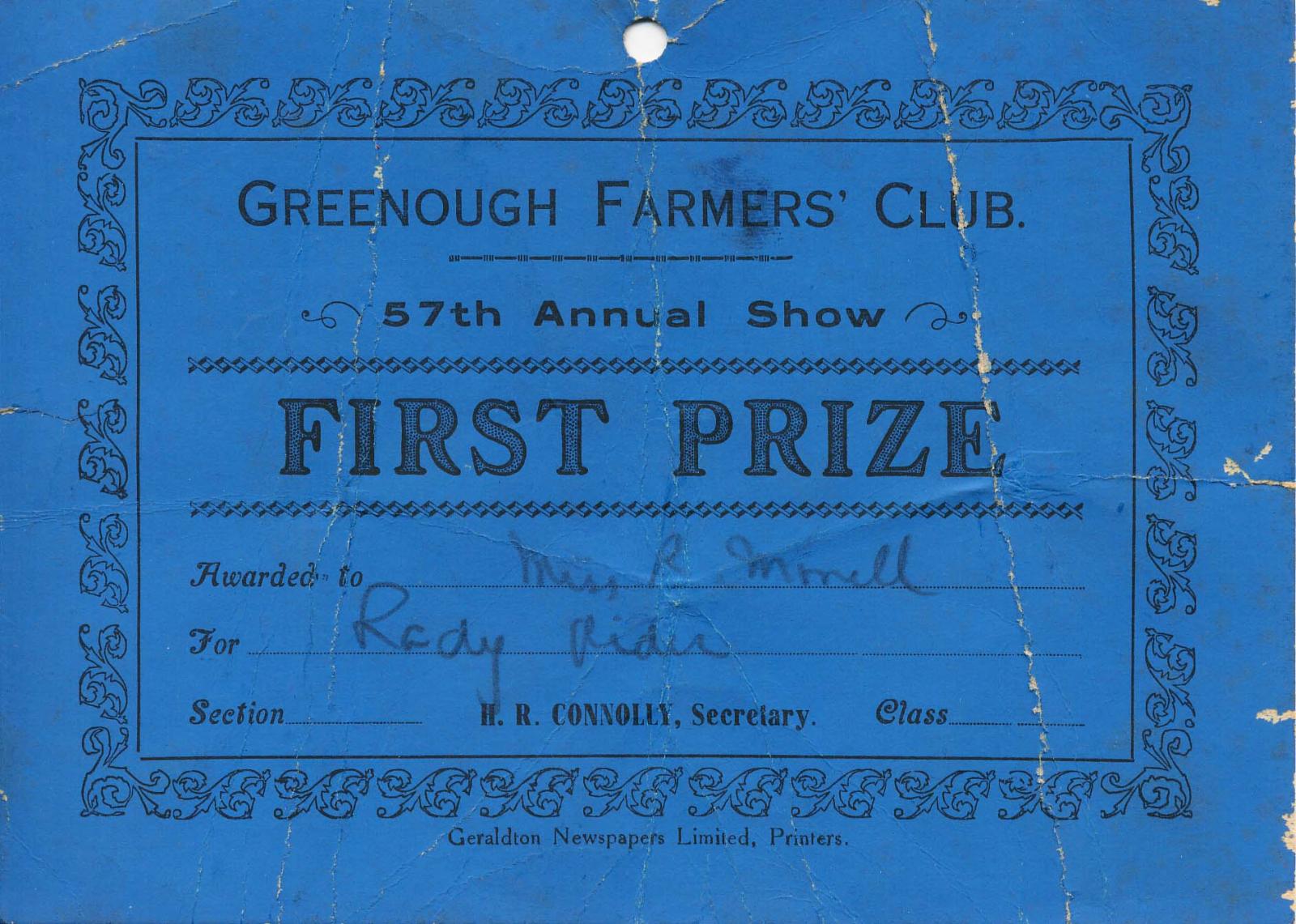 Greenough Farmer's Club Show certificate