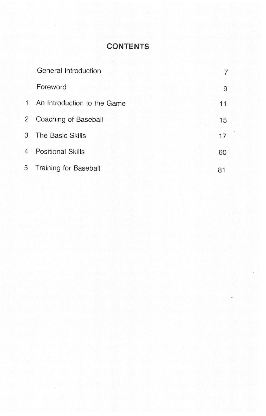 'Baseball for Teachers, Coaches and Players' (contents page)