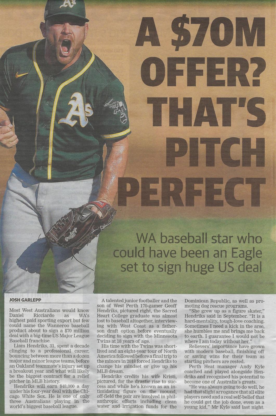 Liam Hendriks $70m four-year deal with Chicago White Sox - newspaper article