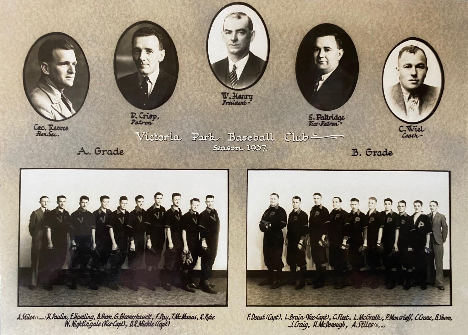 Victoria Park Baseball Club's 1937 season teams and club officials