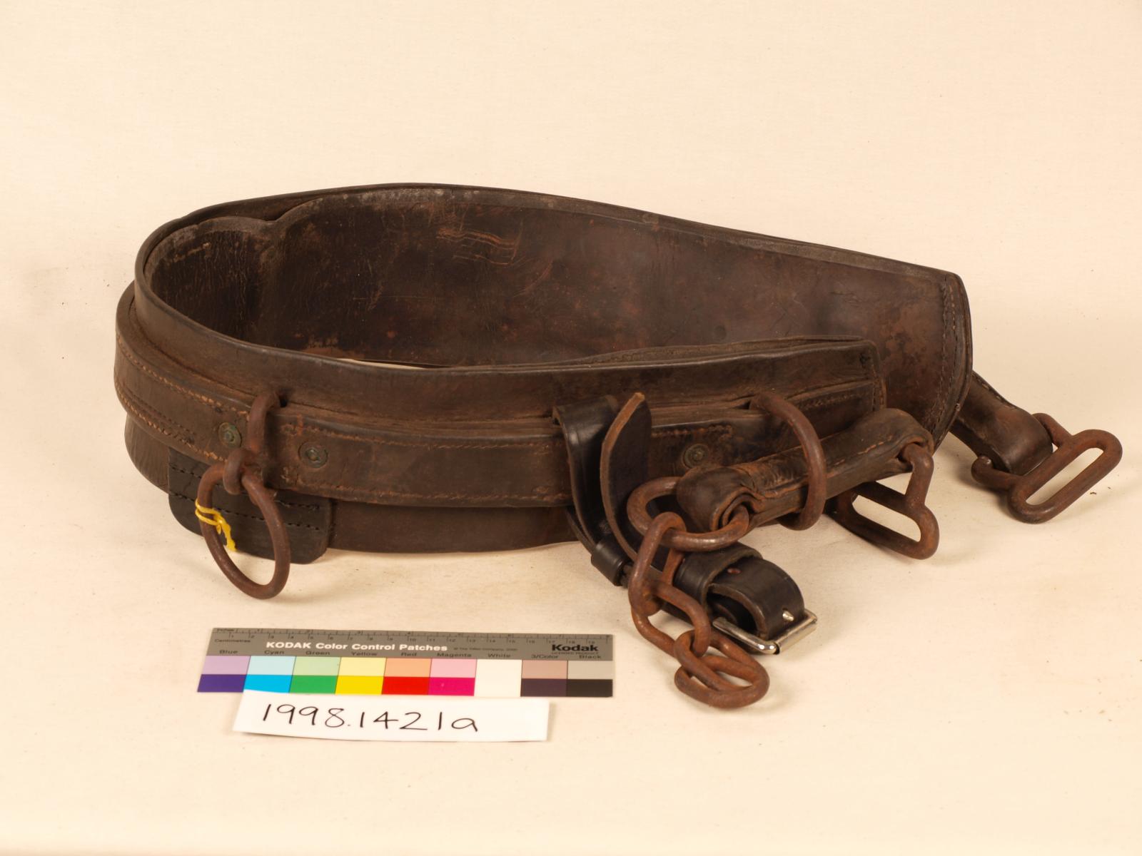 Brown leather horse collar on white background. Attached are several metal chains and a leather strap.