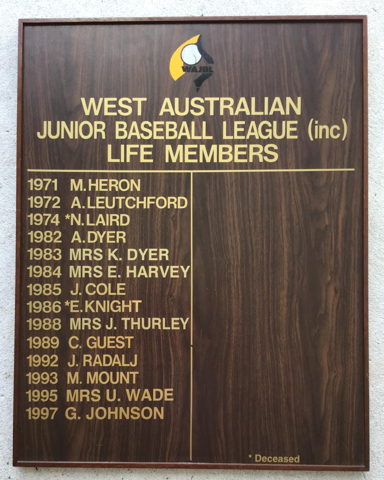 West Australian Junior Baseball League (Inc.) Life Members honour board