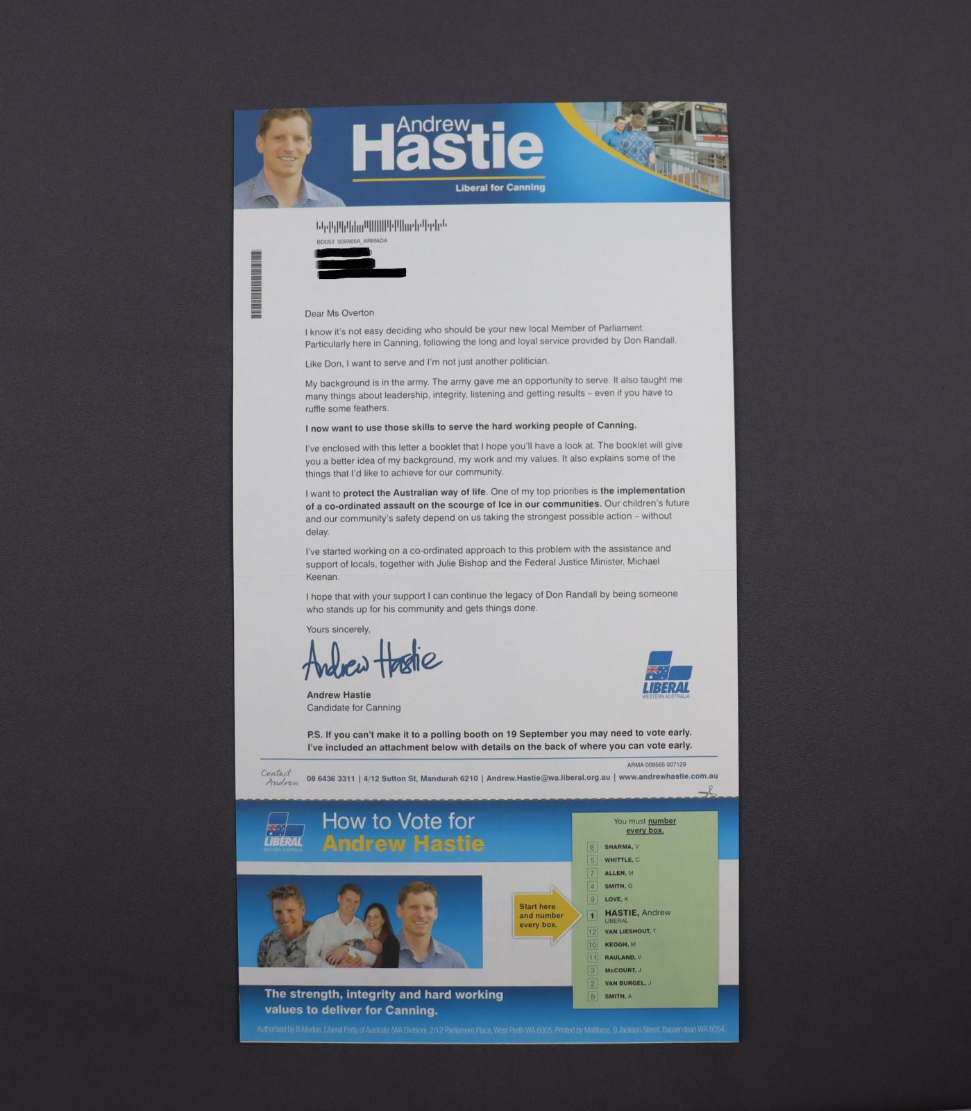 White typed political campaign letter with photograph of candidate Andrew Hastie in top left corner and along the bottom.