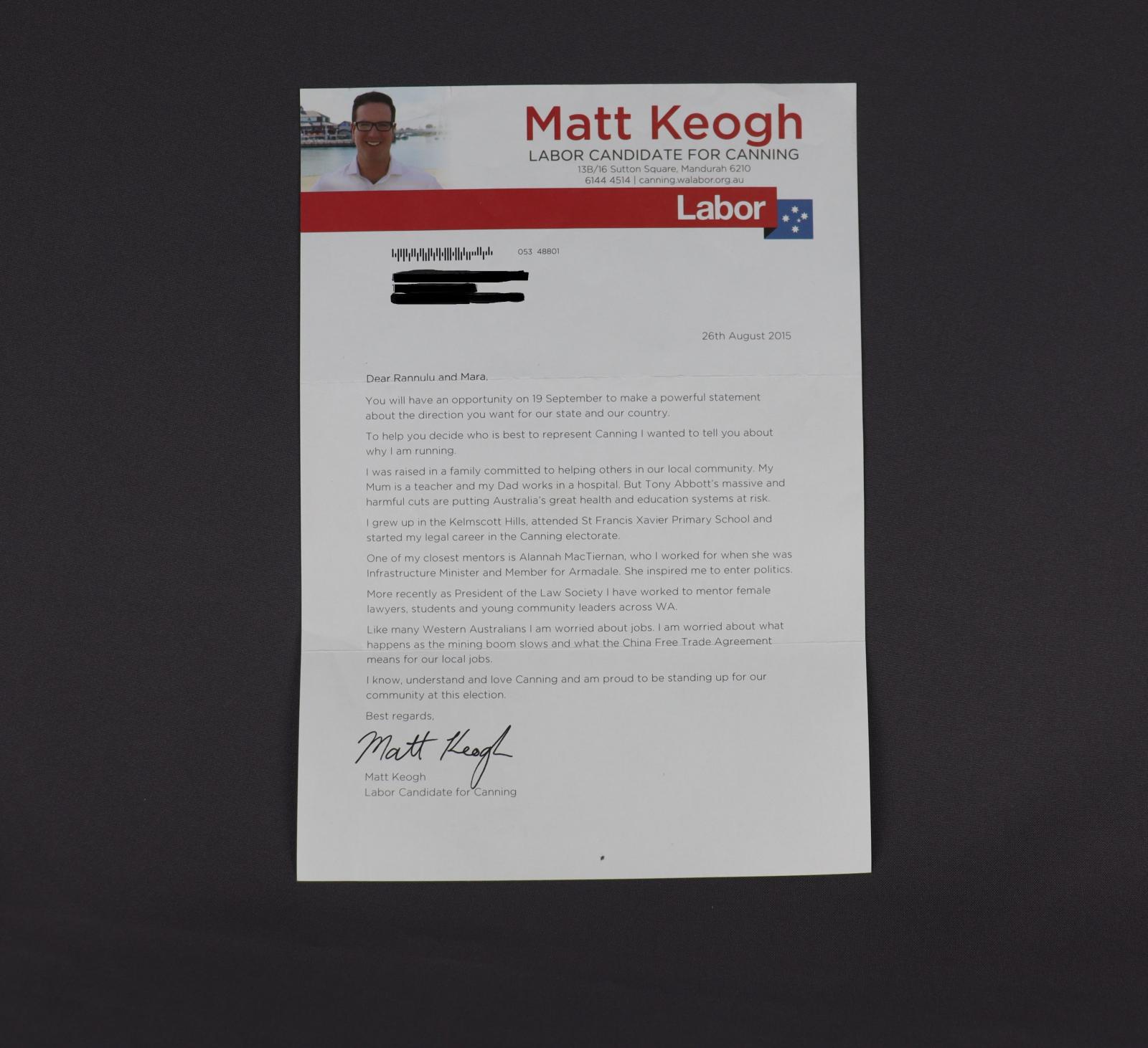 White typed political campaign letter with photograph of candidate Matt Keogh in top left corner. Name in red across top right of letter
